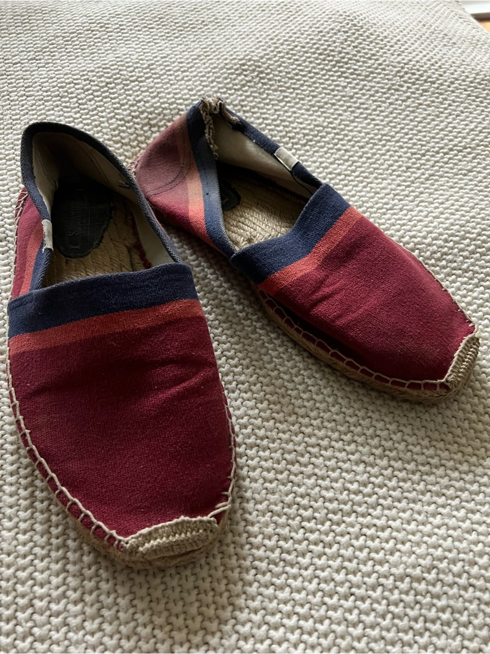 Vintage look Soludos Burgundy and Navy Canvas Slip-On Espadrilles